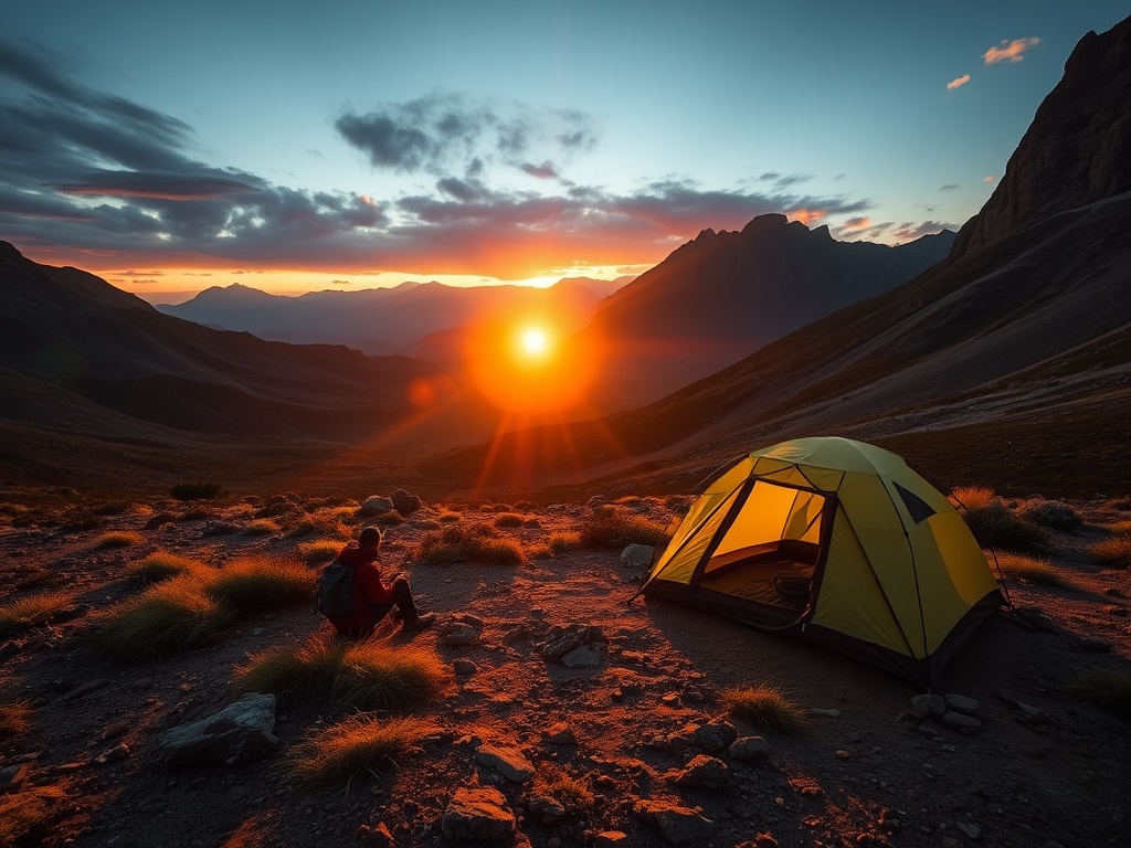 sunrise over a remote campsite with a lone backpacker sitting outside a tent, warm light, expansive wilderness view