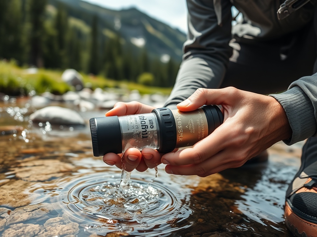 backpacker filtering water from a clear mountain stream using a portable filter, close-up, natural setting