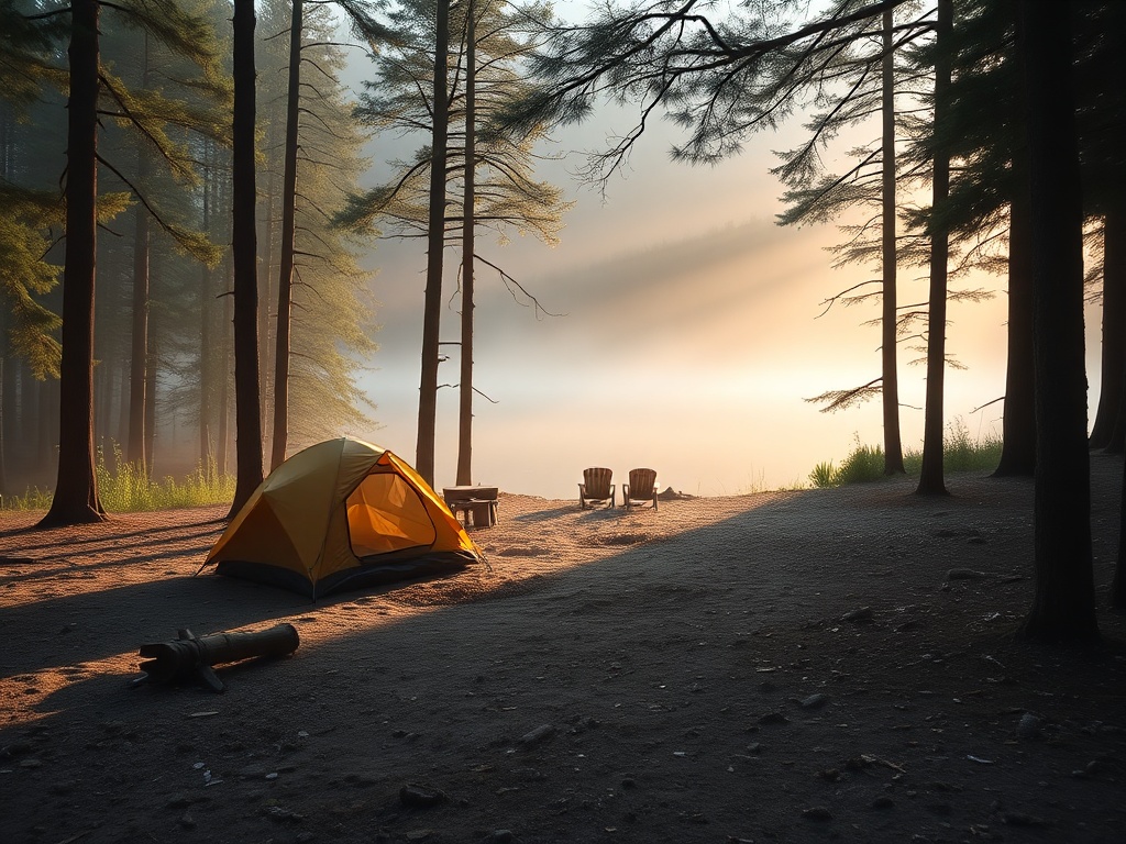 minimalist campsite in a forest clearing slightly uphill from a lake, early morning mist, soft light, peaceful atmosphere