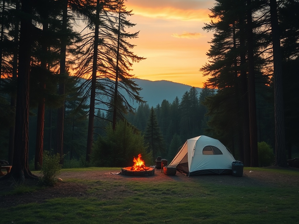 simple beginner campsite near a forest edge at sunset, calm atmosphere, accessible terrain, warm tones