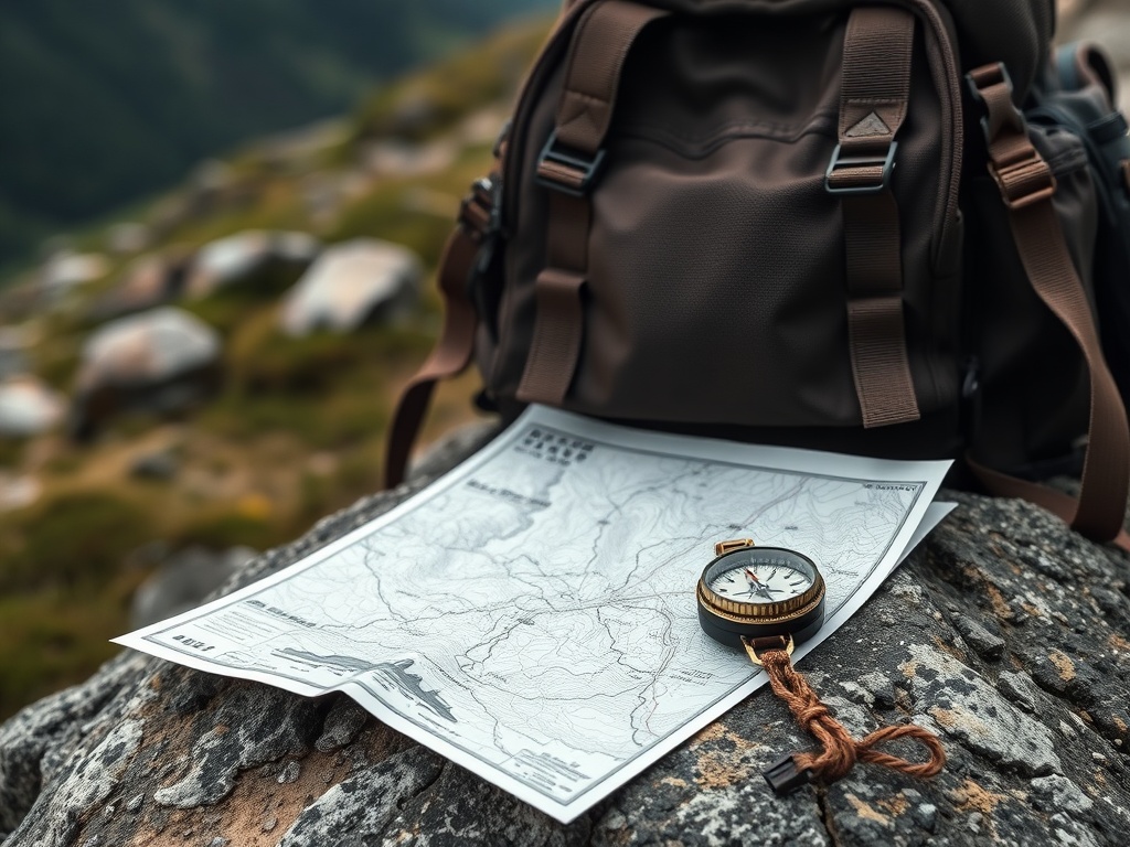 topographic map and compass laid on a rock beside a backpack, wilderness background, practical survival scene