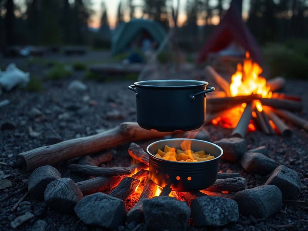 campfire cooking simple meal with metal pot in wilderness at dusk