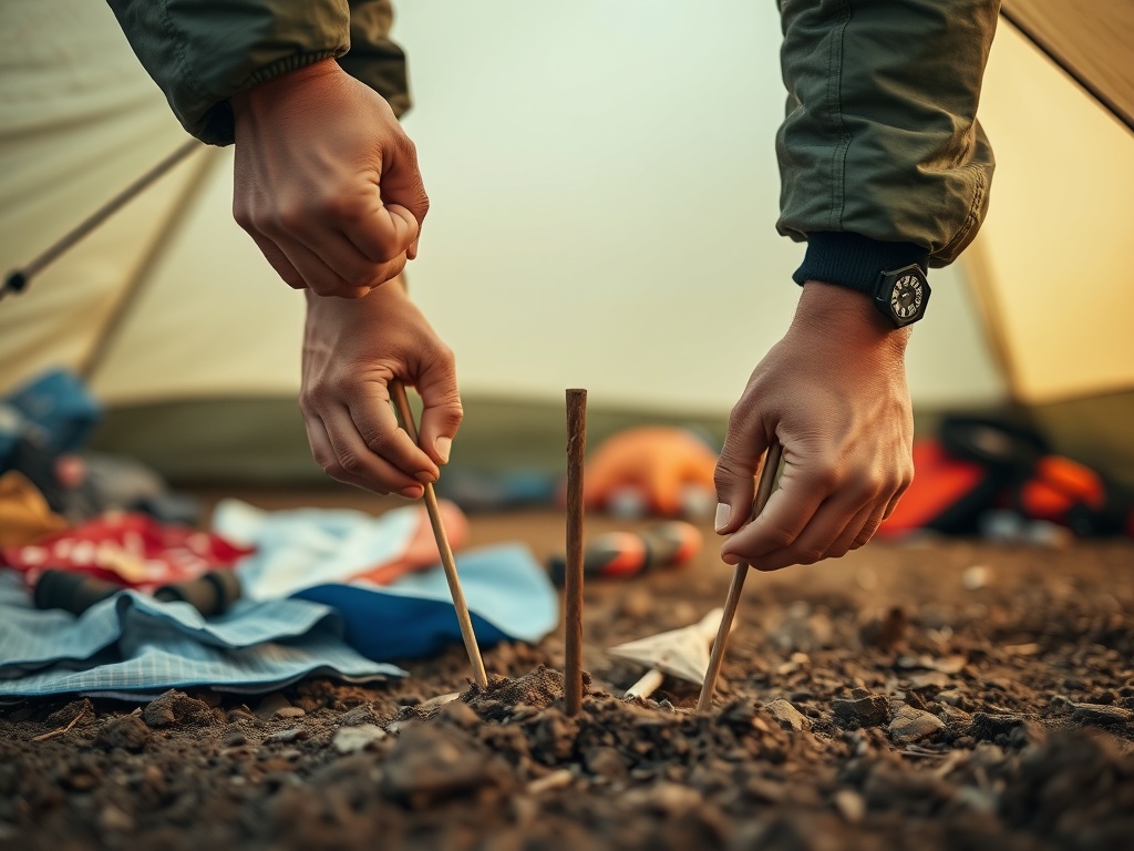 close-up of hands securing tent stakes into ground with camping gear scattered around