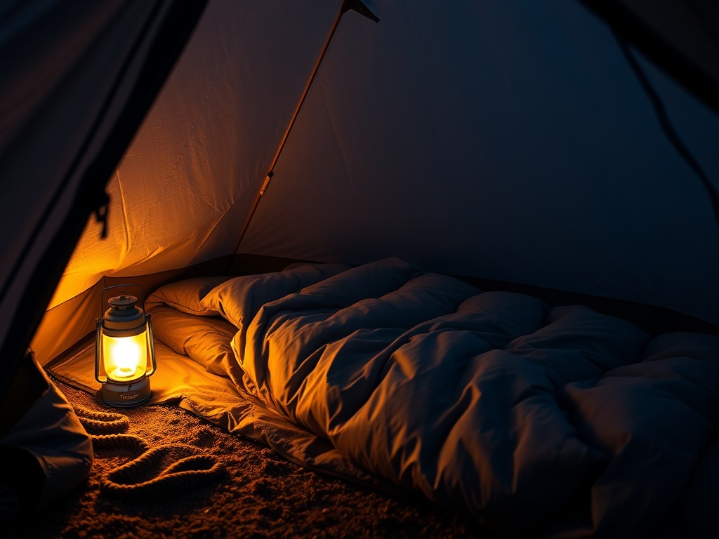 cozy sleeping setup inside tent with sleeping bag, pad, and soft lantern glow