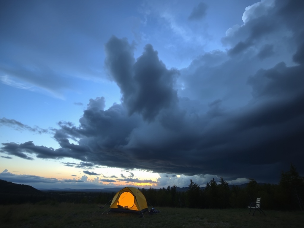 dark clouds rolling over campsite with tent and dramatic sky