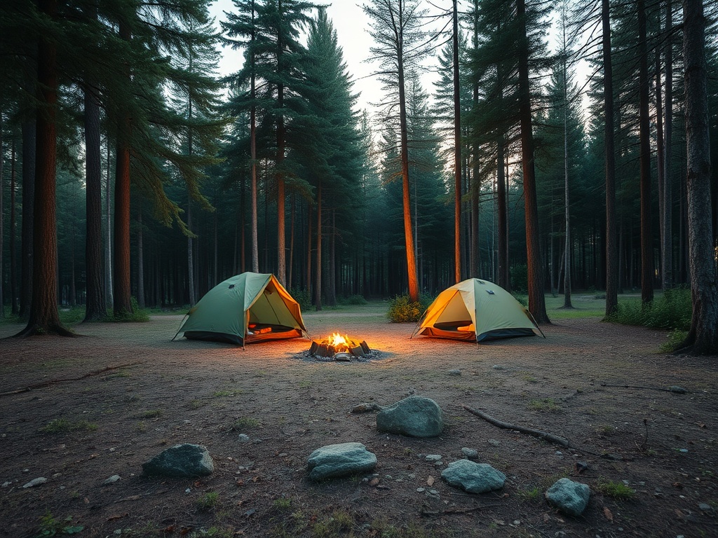 flat forest clearing with tent setup, surrounded by trees and soft evening light