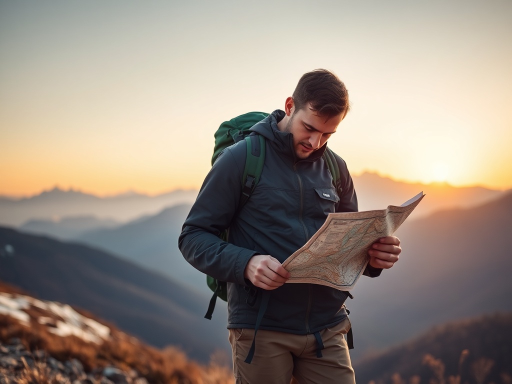 hiker checking map with mountains in background and early morning light