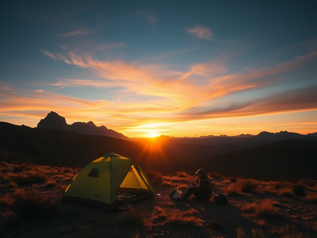 lone camper setting up tent at sunset in remote wilderness with mountains and golden light
