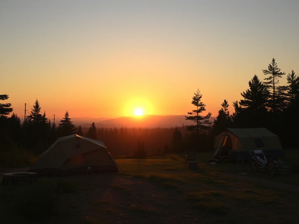 sunrise over quiet campsite with soft light and peaceful atmosphere