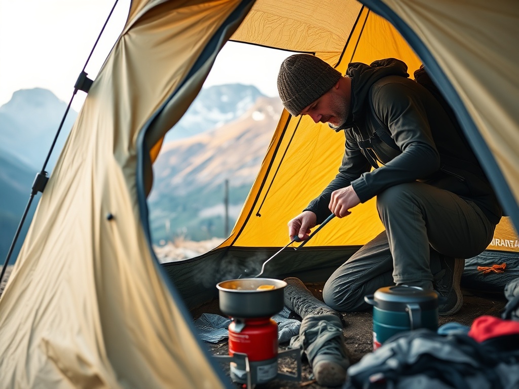 a backpacker setting up a tent with a stove nearby, cooking a meal with a mountain view in the background