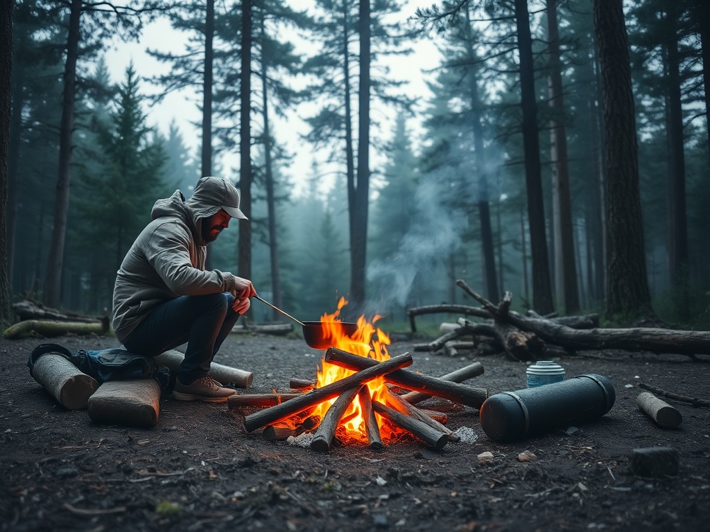 a camper safely cooking over a controlled fire in a secluded campsite in the forest