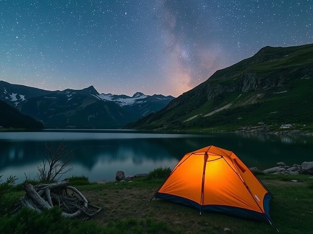 a scenic wild camping location with a tent set up near a serene lake under a starry sky