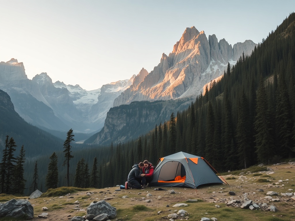 campers setting up a tent in a remote mountain valley, surrounded by towering peaks and dense forest