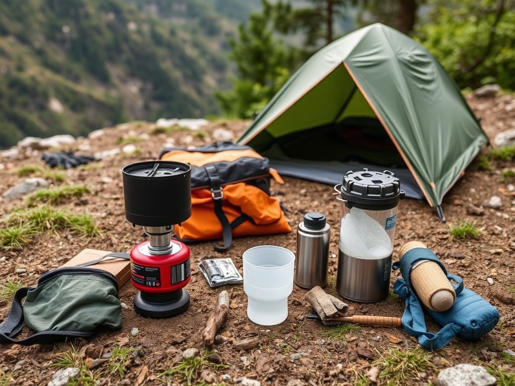 wild camping essentials laid out, including a stove, tent, and water filter on a mountain trail