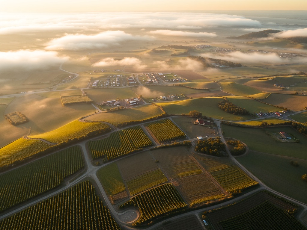 aerial view of vineyard regions with patchwork fields and wineries, soft morning fog