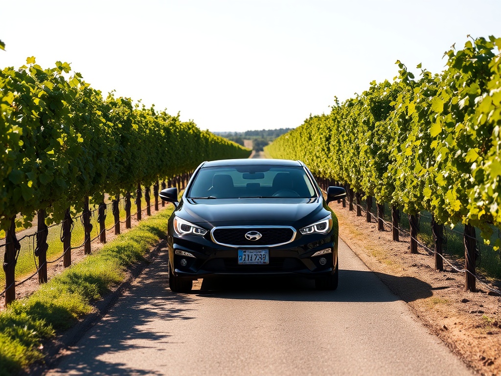 black car driving through vineyard road with rows of grapevines on both sides, clear skies