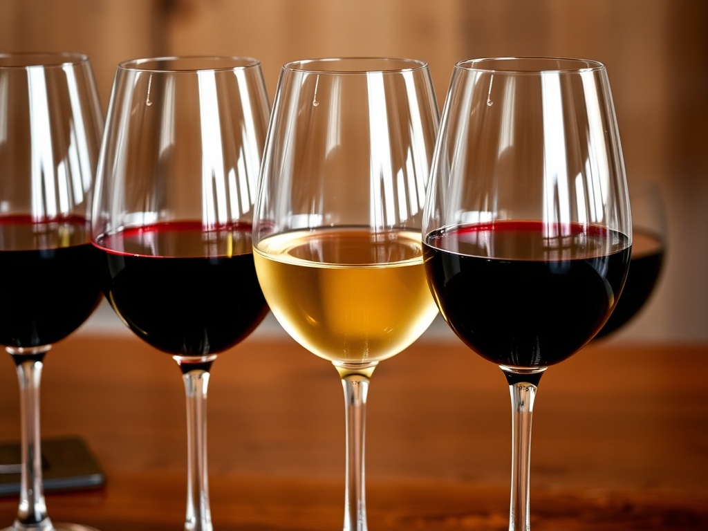 close-up of wine glasses with different red and white wines lined up for tasting