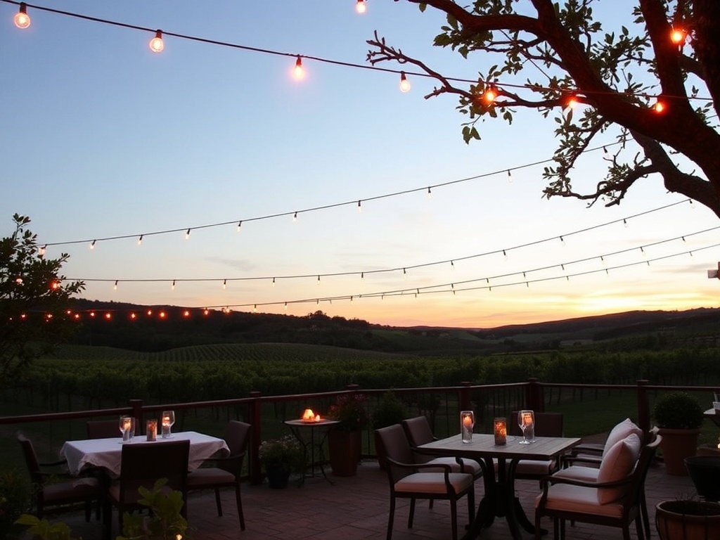 cozy boutique hotel in vineyard region with outdoor patio and string lights at dusk