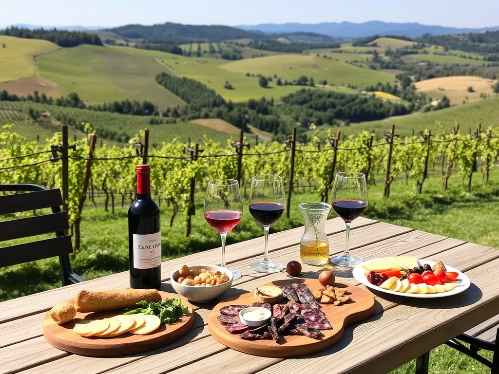 outdoor vineyard lunch table with wine, charcuterie, and scenic hills in background