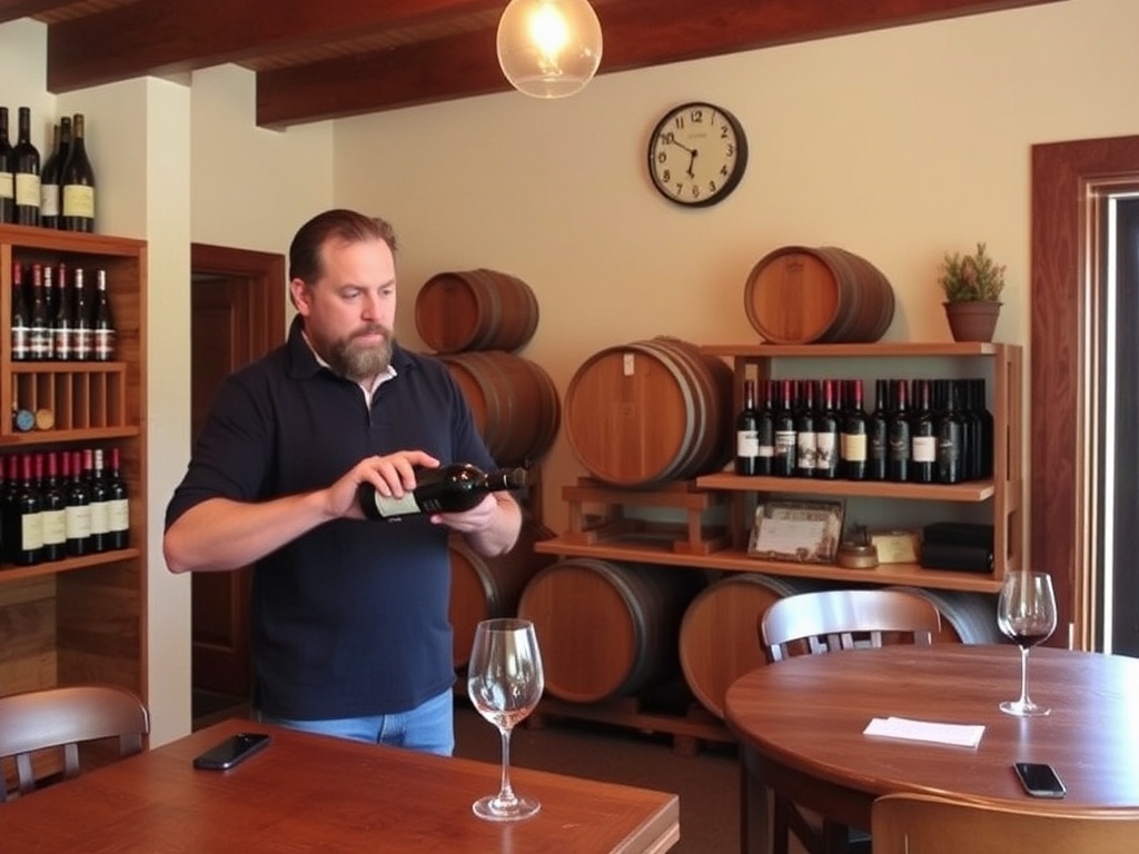 small boutique winery tasting room with winemaker pouring wine, intimate and warm atmosphere