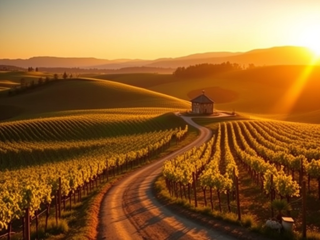 sunlit vineyard hills with winding road and small winery in golden hour light, cinematic, realistic