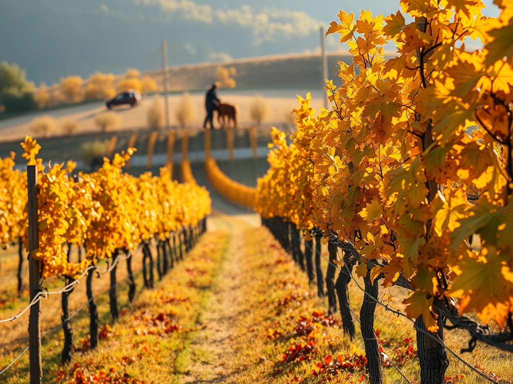vineyard in autumn with golden leaves and harvest activity happening in background