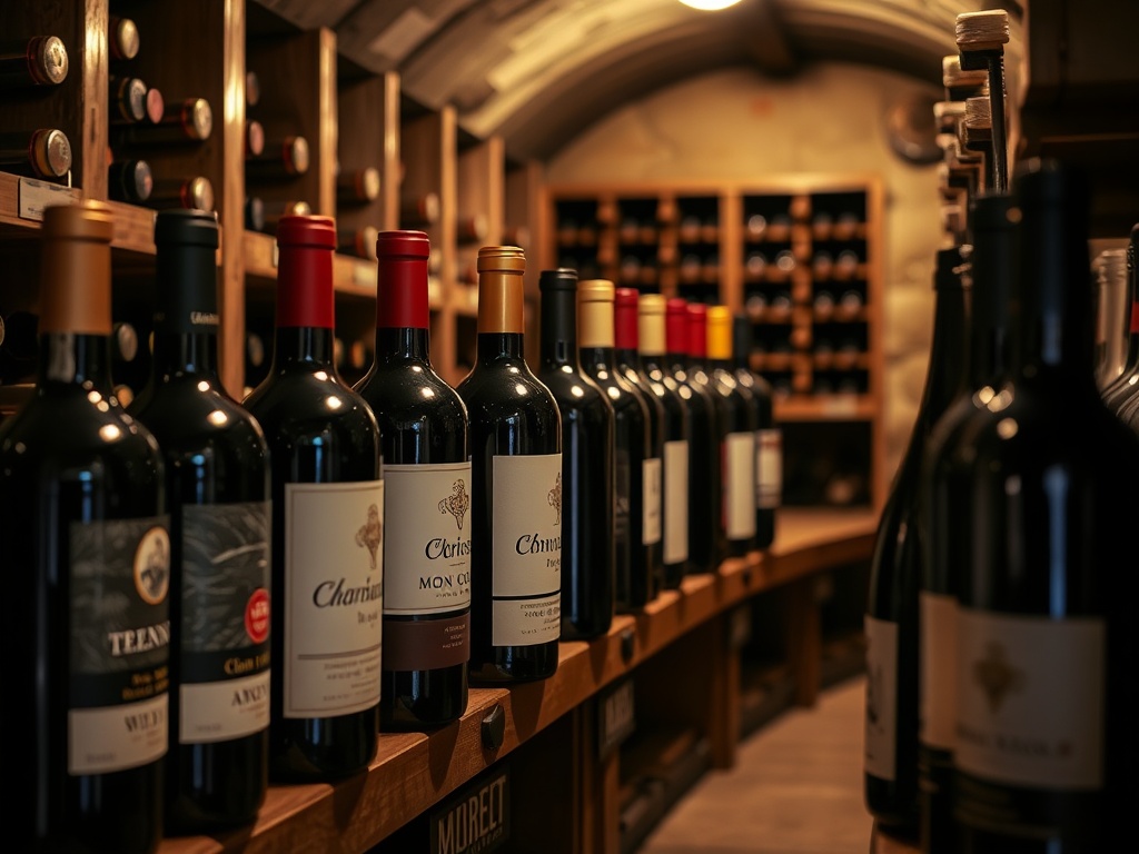 wine bottles displayed in rustic cellar with wooden racks and soft lighting