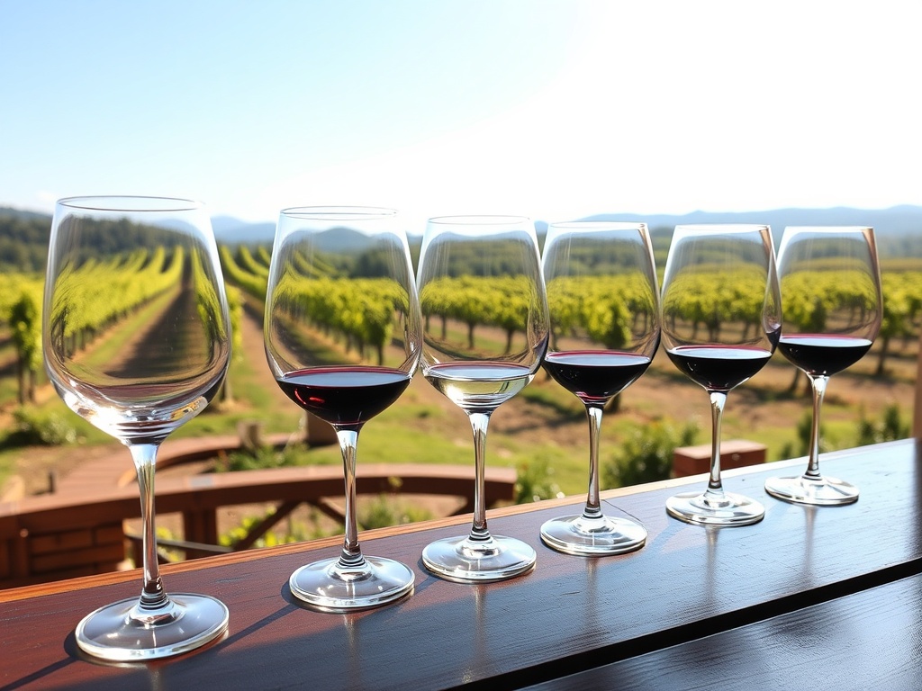 wine tasting setup with glasses in a row overlooking vineyard terrace, soft sunlight