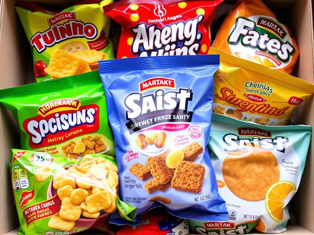 Assorted snacks in vibrant packaging, ready for tasting
