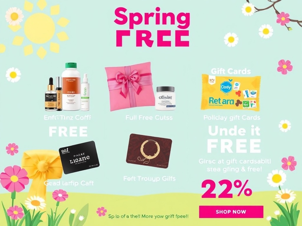 Bright and cheerful spring-themed image showcasing a variety of free products, gift cards, and discounts