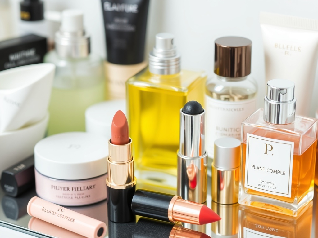 Cosmetic items, including lipsticks, moisturizers, and perfumes