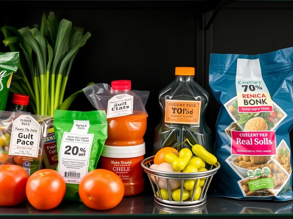 Grocery items with coupon tags for discounts