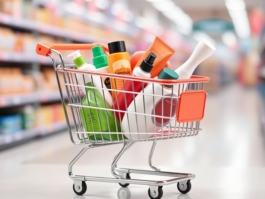 Shopping cart filled with products, ready for checkout with free shipping