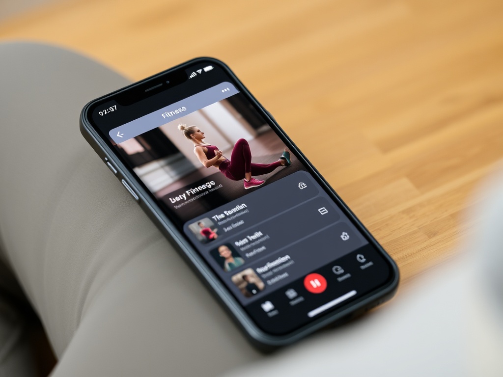 Smartphone with fitness app open showing workout routines