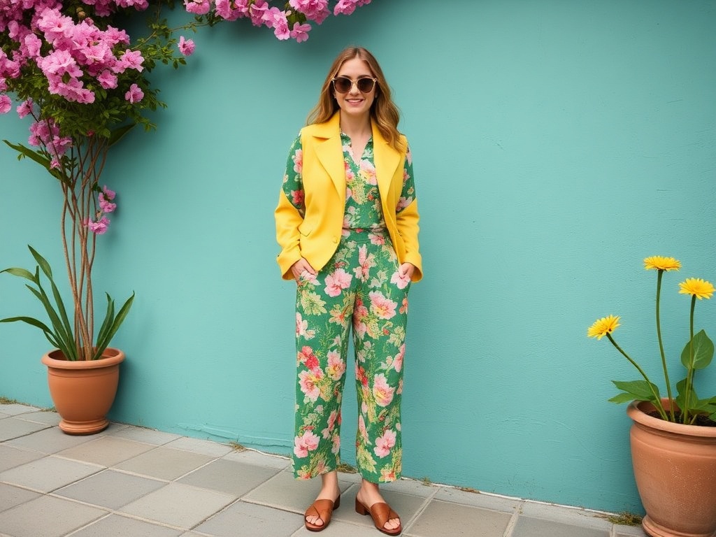 Stylish spring wardrobe with bright colors and floral patterns