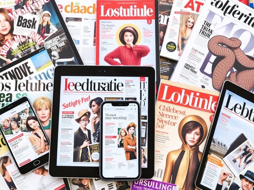 Variety of digital magazines displayed on tablets and phones