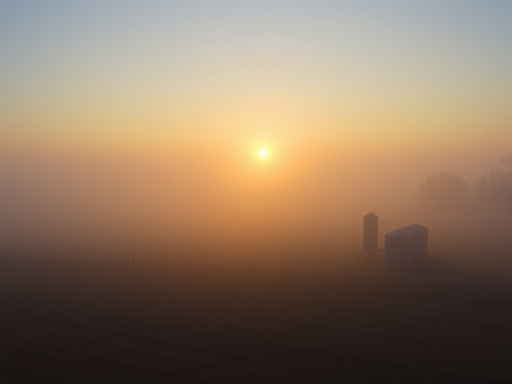 early morning Woolwich countryside mist, farmland with silo and soft golden sunrise, rural Ontario atmosphere