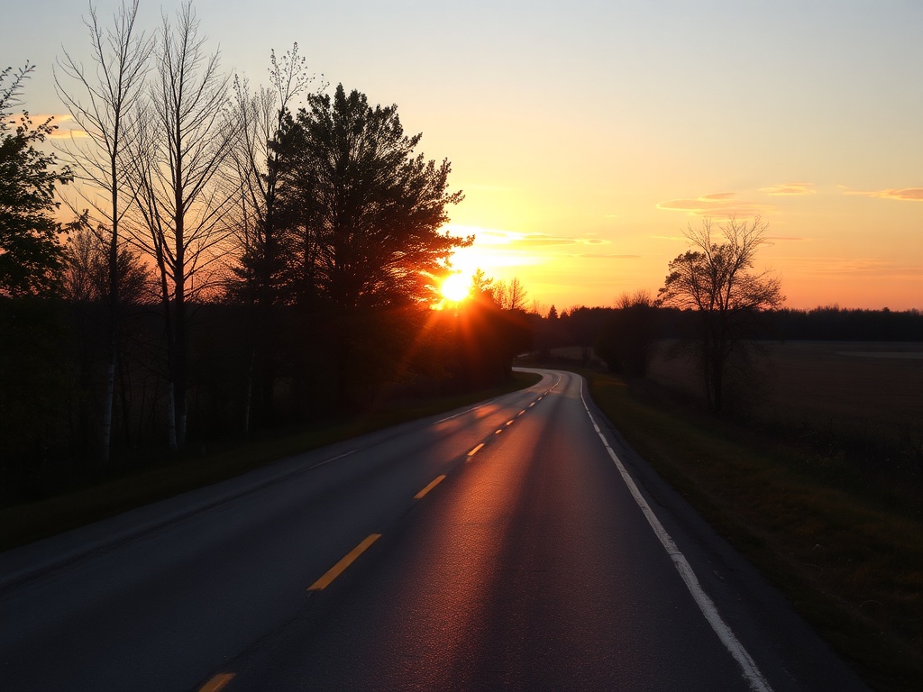 quiet rural Ontario road sunset golden hour trees fields peaceful countryside drive