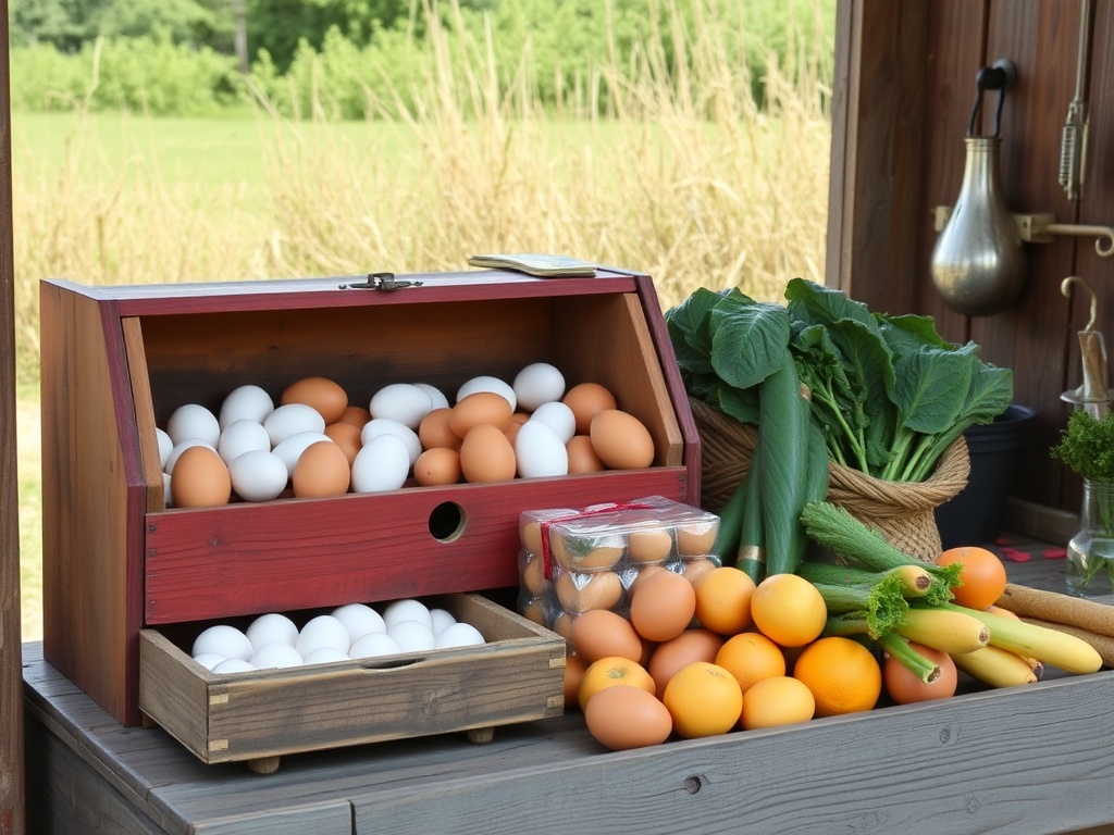 small rural Ontario roadside farm stand fresh eggs vegetables wooden box honesty payment