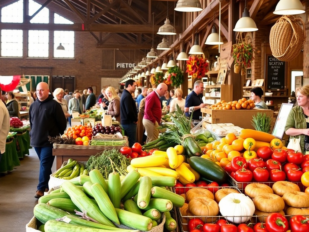 St Jacobs Farmers Market busy morning fresh produce baked goods rustic indoor stalls