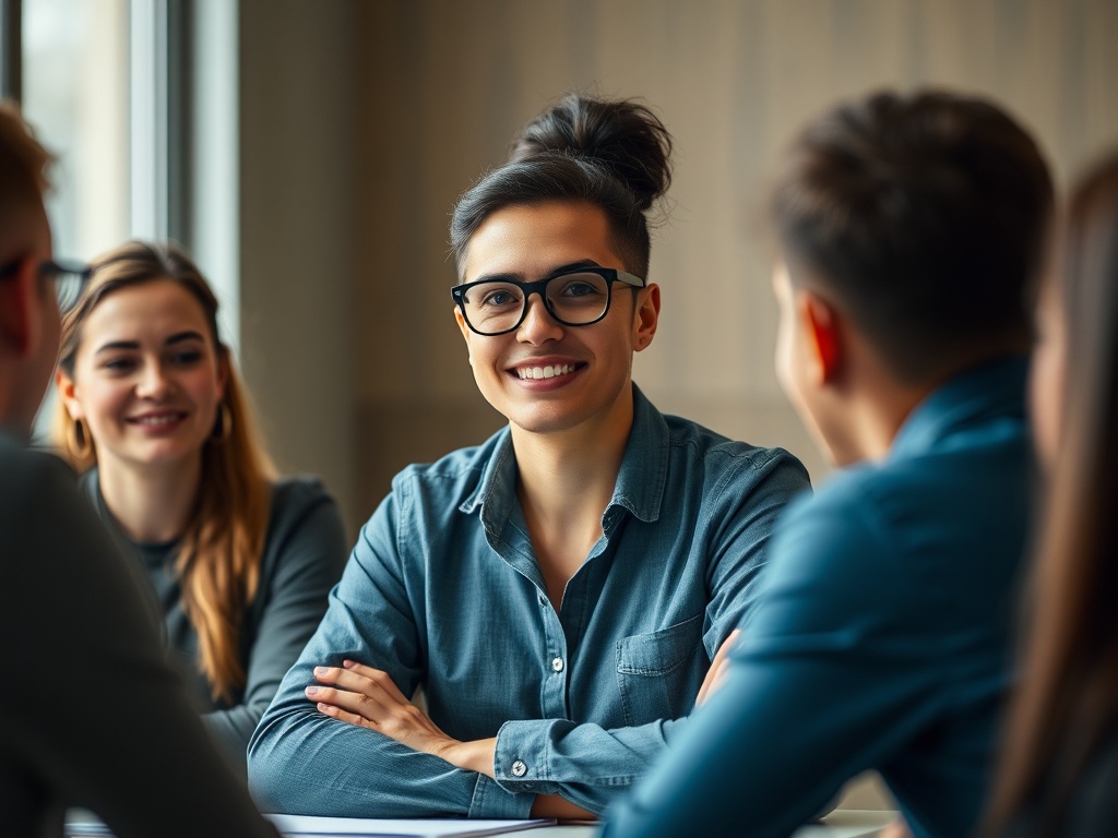 employee showing initiative by leading a team meeting, confident demeanor