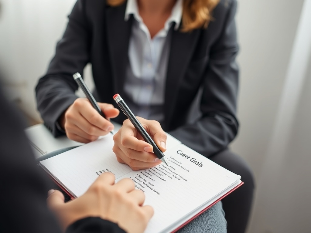 goal setting session, person writing down career goals in a notebook