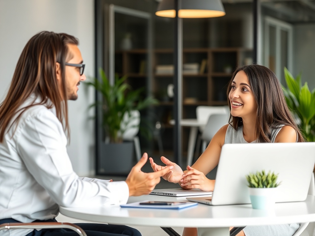 mentor and mentee having a discussion in a modern office