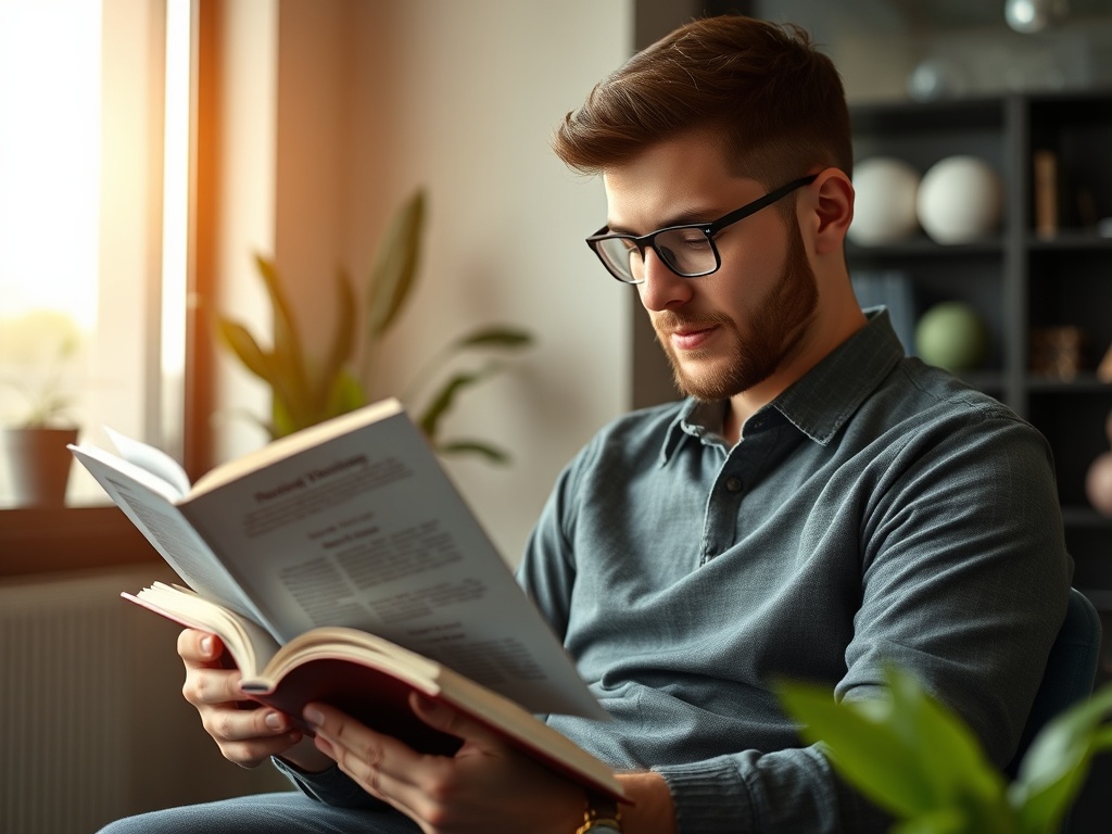 person reading a book on personal development with focused expression, modern office setting