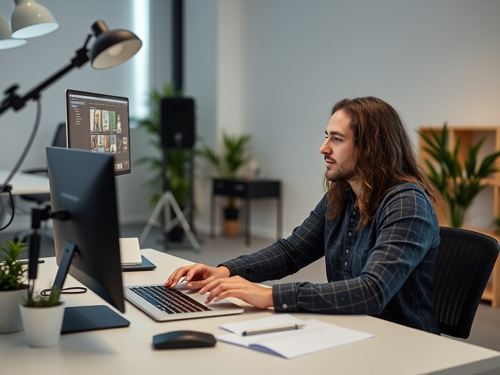 professional taking an online course, modern learning setup