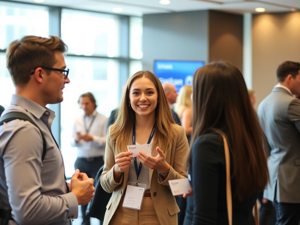 young professional networking at a corporate event, exchanging business cards