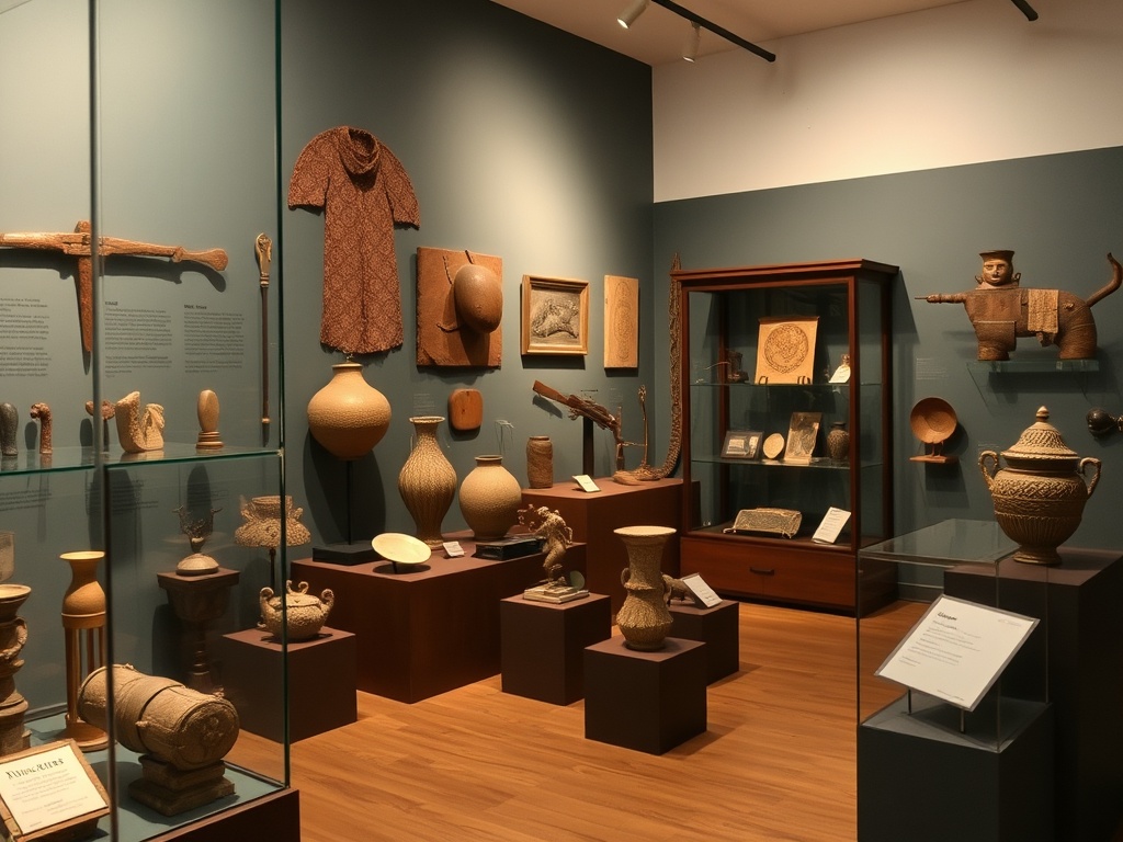 a museum exhibit showcasing historical artifacts from various cultures