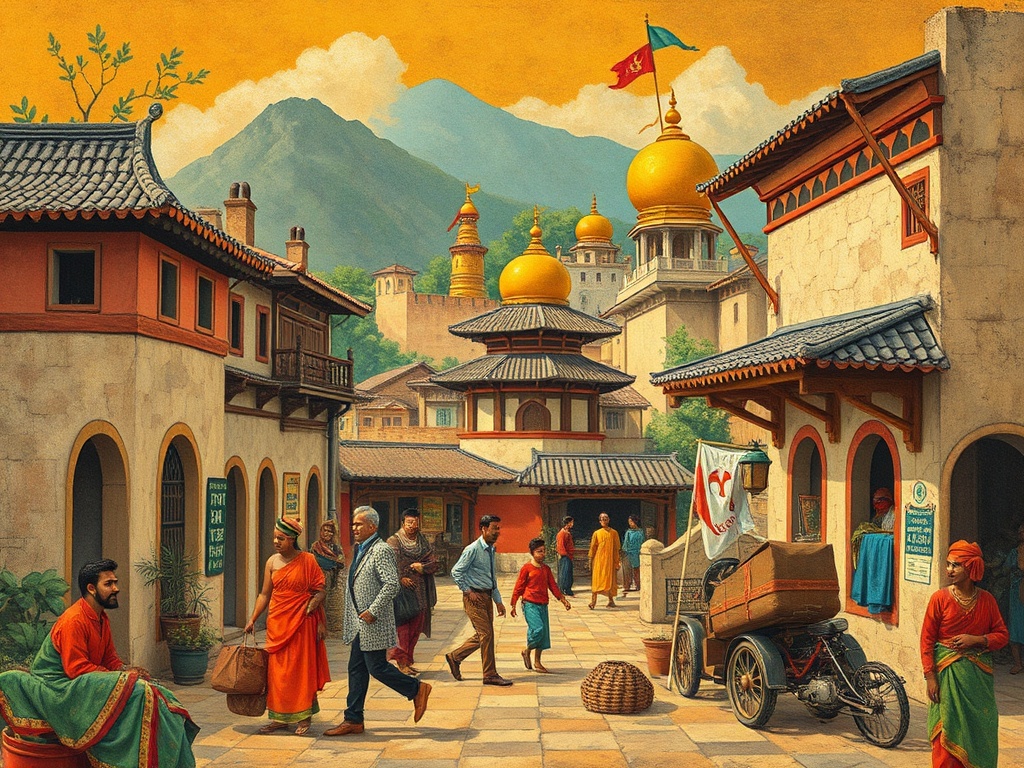 a vibrant depiction of a multicultural history scene blending traditional and modern elements