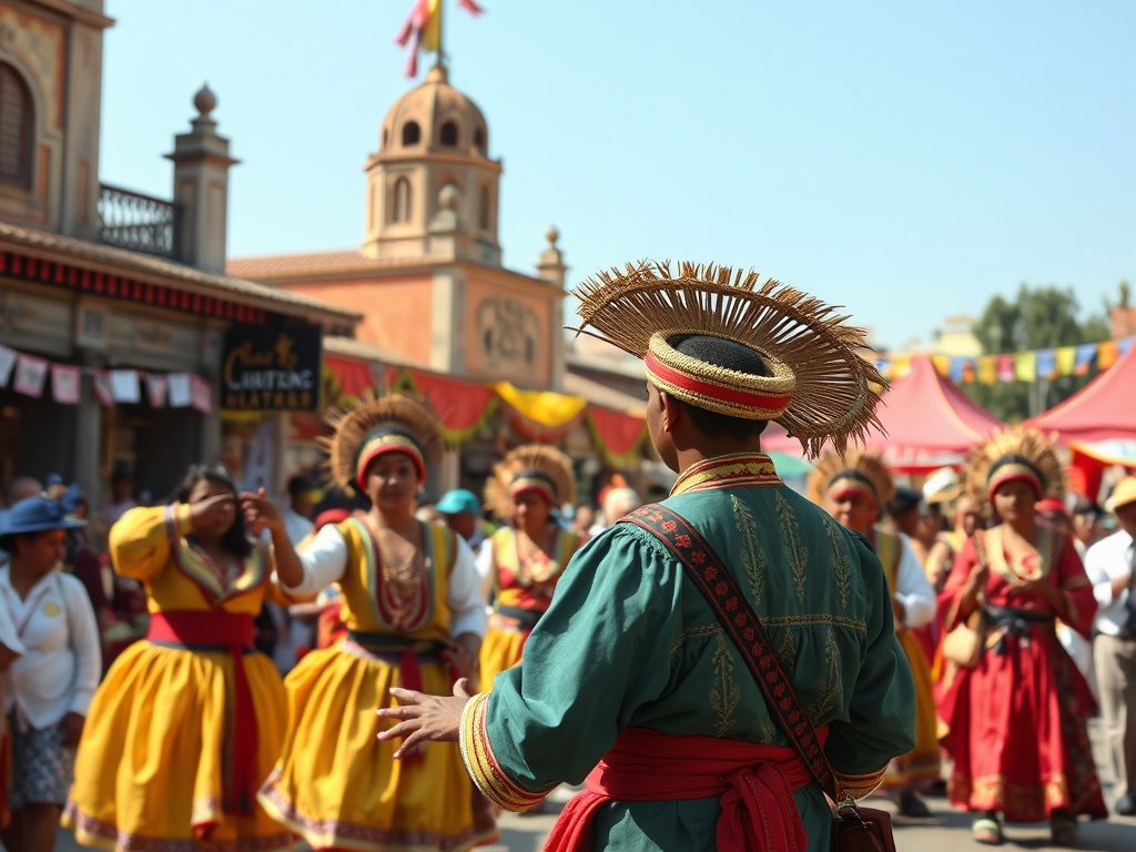 a vibrant scene of a cultural festival reflecting history through performance art