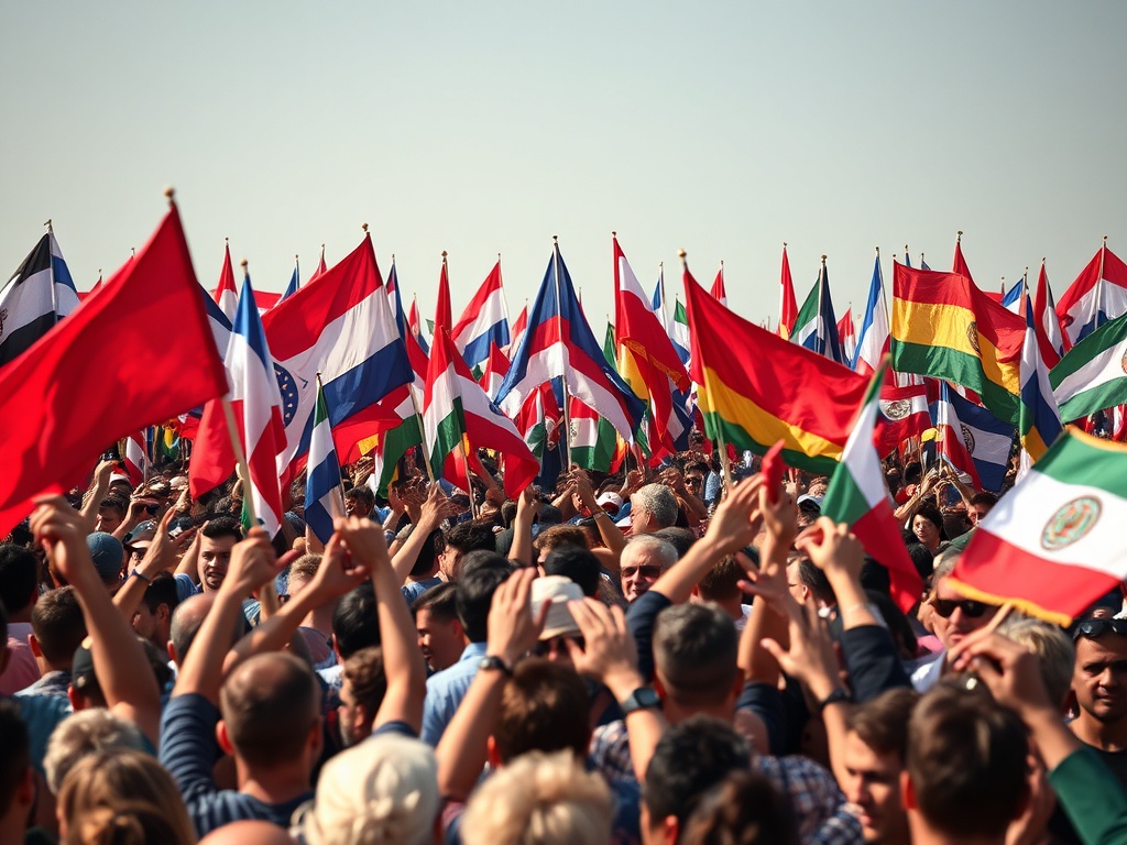 a political rally with national flags and passionate crowd, illustrating domestic pressure influencing leaders